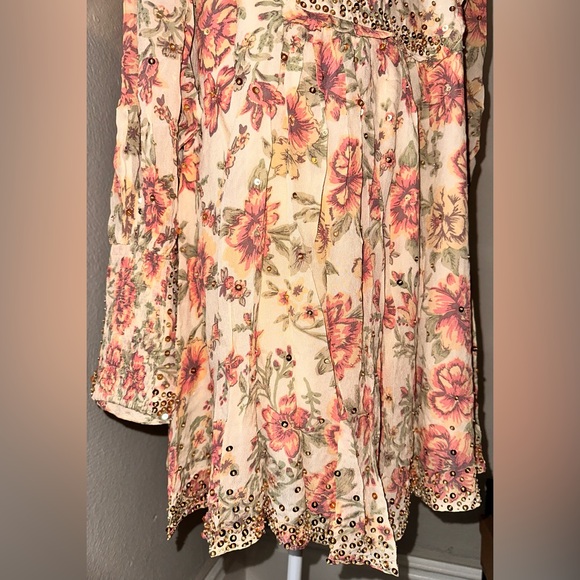 Free People Bali Golden Shimmer Dress Vintage Floral Printed Mini - Picture 13 of 14